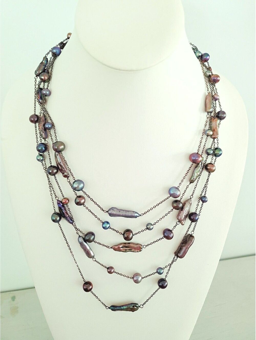 Vintage Gunmetal Multicolor Freshwater Baroque Pearl Multi Strand Necklace